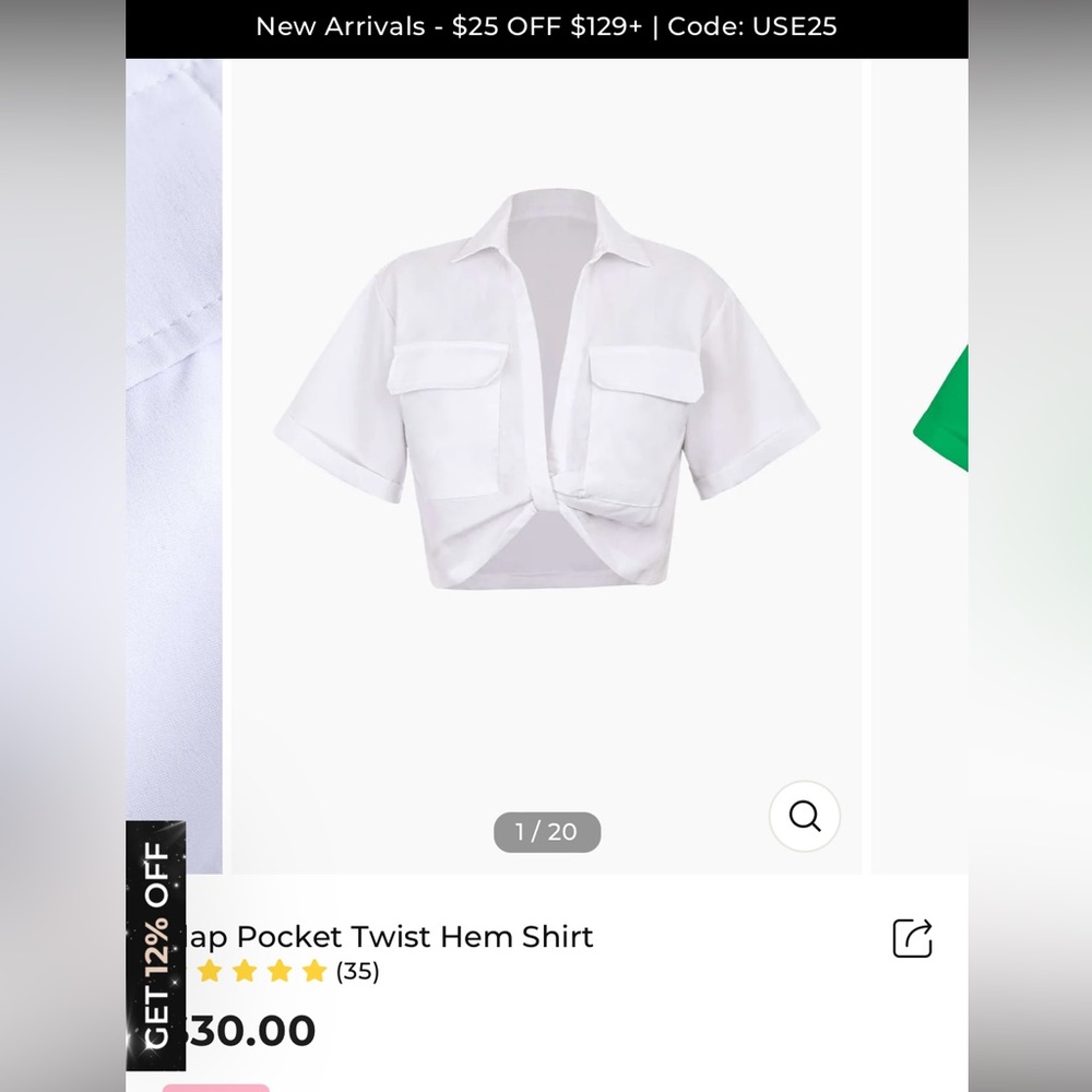 Micas Medium cropped white flap pocket twist hem shirt NWT